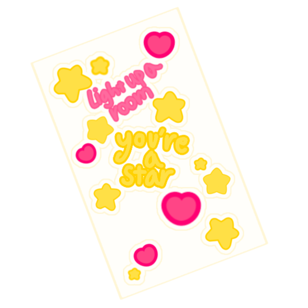  A rectangular card with stickers on it. There are hot pink hearts and bright gold stars. Towards the top is a pink sticker that reads 'light up a room', below it, a gold sticker that says 'you're a star'